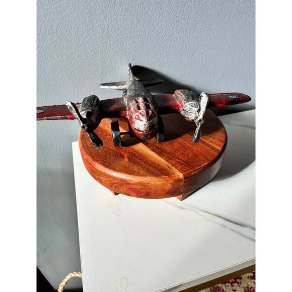 Vintage Cast Iron Red Airplane • Twin Engine • Heavy Antique Style Model Plane - Picture 4 of 16